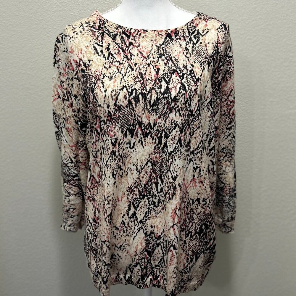 Dana Buchman tan and black snake print lightweight sweater, back zip, XL